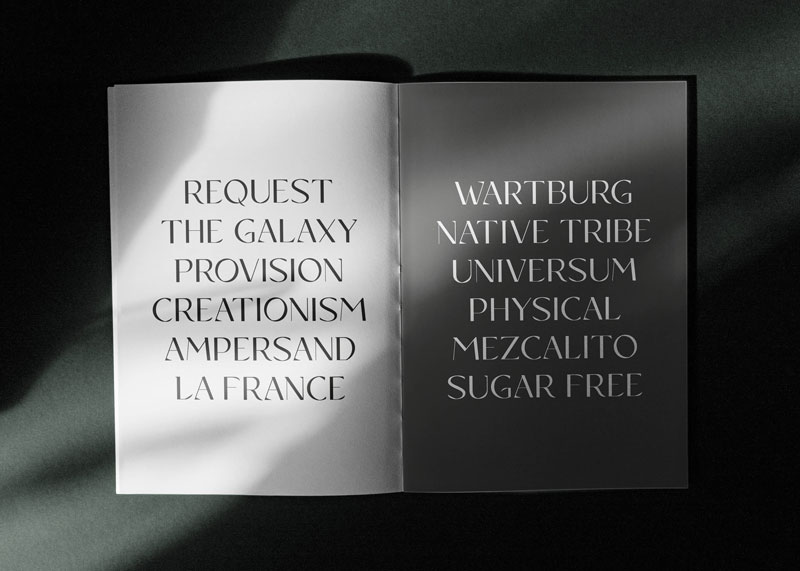 Specimen of Copanero font by Azuliq. A double-page spread in a magazine shows several beautiful words, The Galaxy, Physical, Mezcalito, Sugar Free.