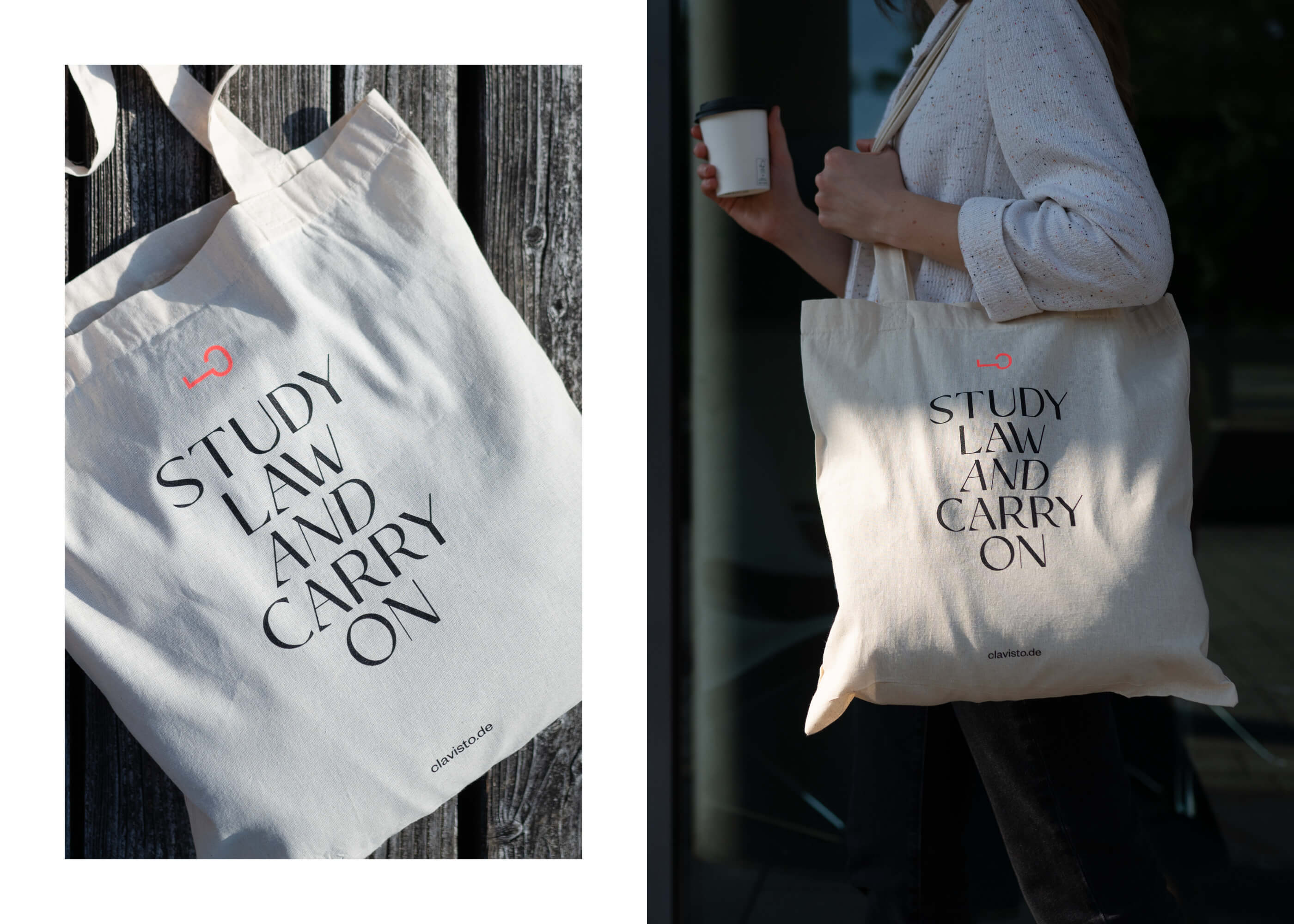 Copanero font in use by Clavisto from Erkelenz, Germany. A young woman with a coffee in her hand and a white tote bag that says Study Law And Carry On.